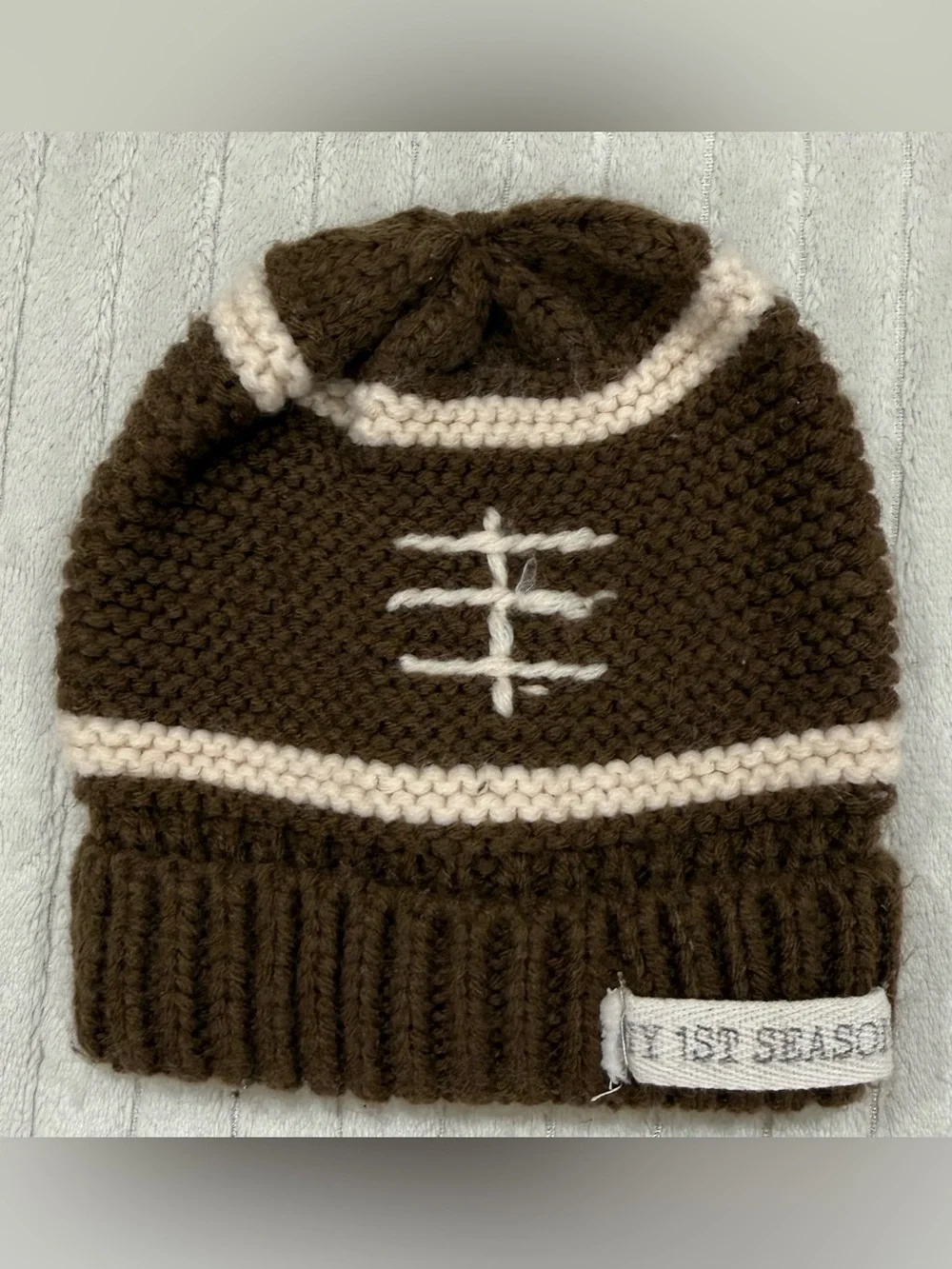 Mudpie Brown Knit Football Beanie with Cream Stripe and Stitch Detail size